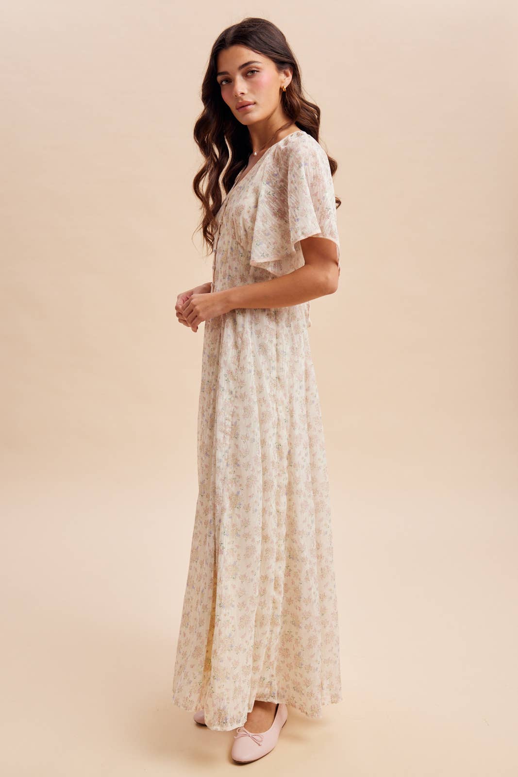 Flowy Flutter Sleeve Button Down Maxi Dress Flowy Flutter Sleeve Button Down Maxi Dress